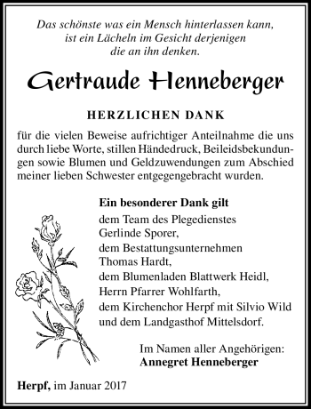 Traueranzeige von Gertraude Henneberger von Südthüringer Presse