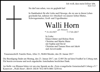Traueranzeige von Walli Horn von Neue Presse Coburg