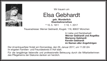 Traueranzeige von Elsa Gebhardt von Frankenpost