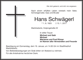 Traueranzeige von Hans Schwägerl von Frankenpost