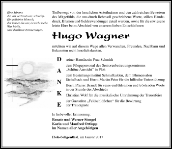 Traueranzeige von Hugo Wagner von Südthüringer Presse