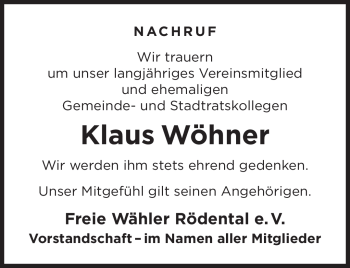 Traueranzeige von Klaus Wöhner von Neue Presse Coburg