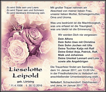 Traueranzeige von Liselotte Leipold von Südthüringer Presse