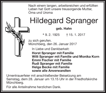 Traueranzeige von Hildegard Spranger von Frankenpost