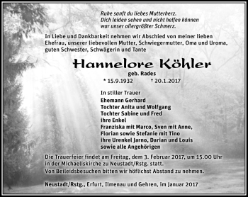 Traueranzeige von Hannelore Köhler von Südthüringer Presse