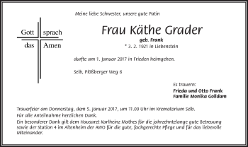 Traueranzeige von Käthe Grader von Frankenpost
