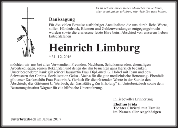Traueranzeige von Heinrich Limburg von Südthüringer Presse