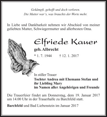 Traueranzeige von Elfriede Kauer von Südthüringer Presse