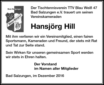 Traueranzeige von Hansjörg Hill von Südthüringer Presse