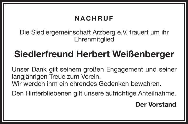  Traueranzeige für Herbert Weißenberger vom 20.01.2017 aus Frankenpost