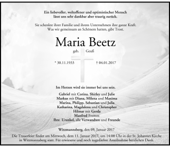 Traueranzeige von Maria Beetz von Neue Presse Coburg
