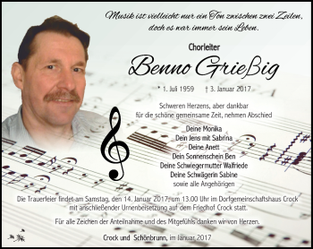 Traueranzeige von Benno Grießig von Südthüringer Presse