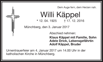 Traueranzeige von Willi Käppel von Frankenpost