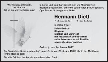Traueranzeige von Hermann Dietl von Neue Presse Coburg