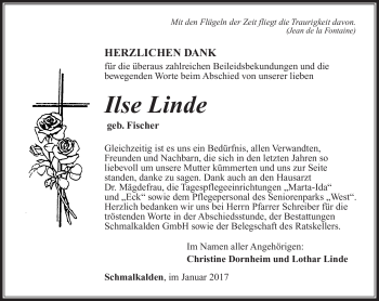 Traueranzeige von Ilse Linde von Südthüringer Presse