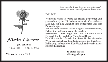 Traueranzeige von Meta Gratz von Südthüringer Presse