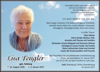 Traueranzeige von Lisa Fengler von Südthüringer Presse