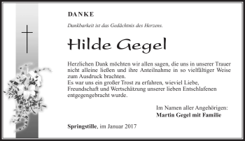 Traueranzeige von Hilde Gegel von Südthüringer Presse