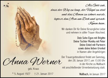 Traueranzeige von Anna Werner von Südthüringer Presse