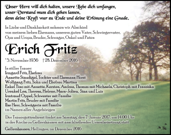 Traueranzeige von Erich Fritz von Südthüringer Presse