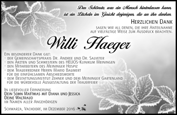 Traueranzeige von Willi Haeger von Südthüringer Presse