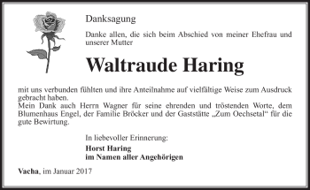 Traueranzeige von Waltraude Haring von Südthüringer Presse