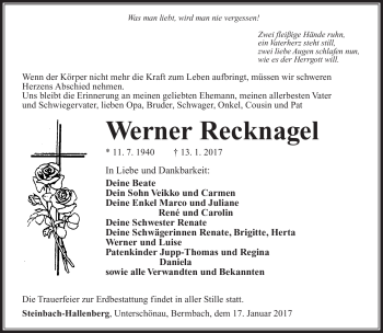 Traueranzeige von Werner Recknagel von Südthüringer Presse