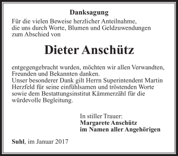 Traueranzeige von Dieter Anschütz von Südthüringer Presse