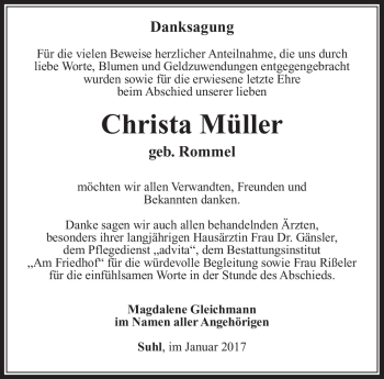 Traueranzeige von Christa Müller von Südthüringer Presse