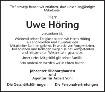 Traueranzeige von Uwe Höring von Südthüringer Presse