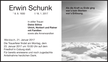 Traueranzeige von Erwin Schunk von Neue Presse Coburg