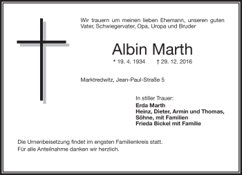 Traueranzeige von Albin Marth von Frankenpost