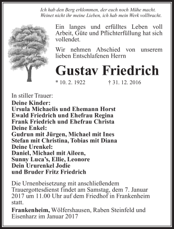 Traueranzeige von Gustav Friedrich von Südthüringer Presse