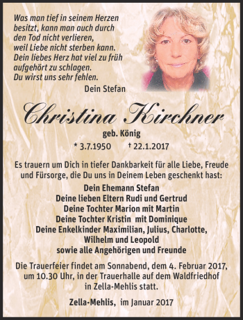 Traueranzeige von Christina Kirchner von Südthüringer Presse