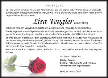 Traueranzeige von Lisa Fengler von Südthüringer Presse
