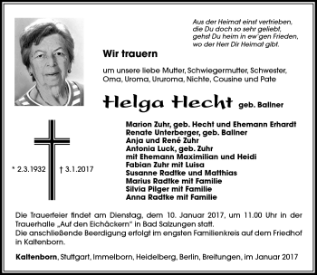 Traueranzeige von Helga Hecht von Südthüringer Presse