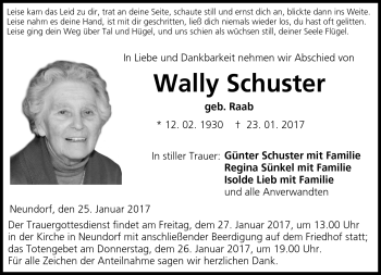 Traueranzeige von Wally Schuster von Neue Presse Coburg