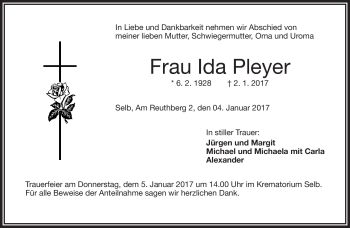 Traueranzeige von Ida Pleyer von Frankenpost