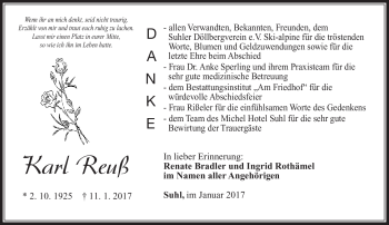 Traueranzeige von Karl Reuß von Südthüringer Presse