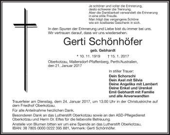 Traueranzeige von Gerti Schönhöfer von Frankenpost
