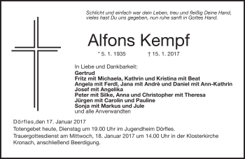 Traueranzeige von Alfons Kempf von Neue Presse Coburg