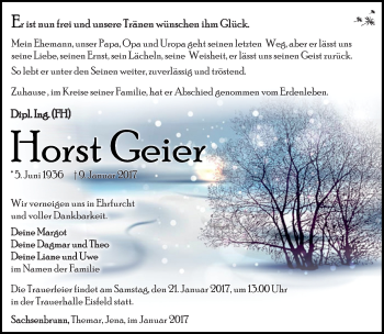 Traueranzeige von Horst Geier von Südthüringer Presse