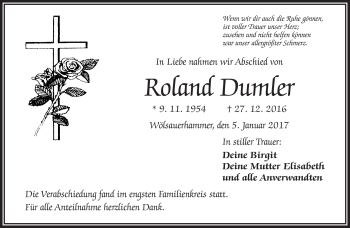 Traueranzeige von Roland Dumler von Frankenpost