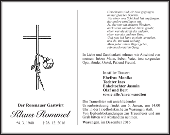 Traueranzeige von Klaus Rommel von Südthüringer Presse