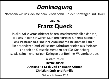 Traueranzeige von Frans Queck von Südthüringer Presse