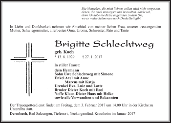 Traueranzeige von Brigitte Schlechtweg von Südthüringer Presse