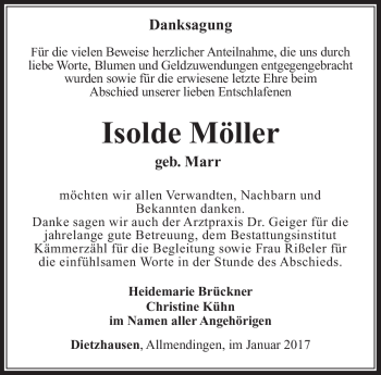Traueranzeige von Isolde Möller von Südthüringer Presse