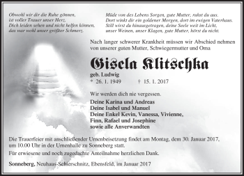 Traueranzeige von Gisela Klitschka von Südthüringer Presse