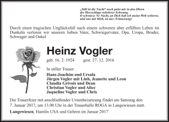 Traueranzeige von Heinz Vogler von Südthüringer Presse