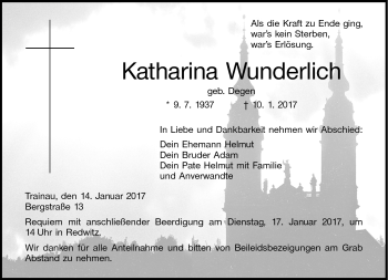 Traueranzeige von Katharin Wunderlich von Neue Presse Coburg